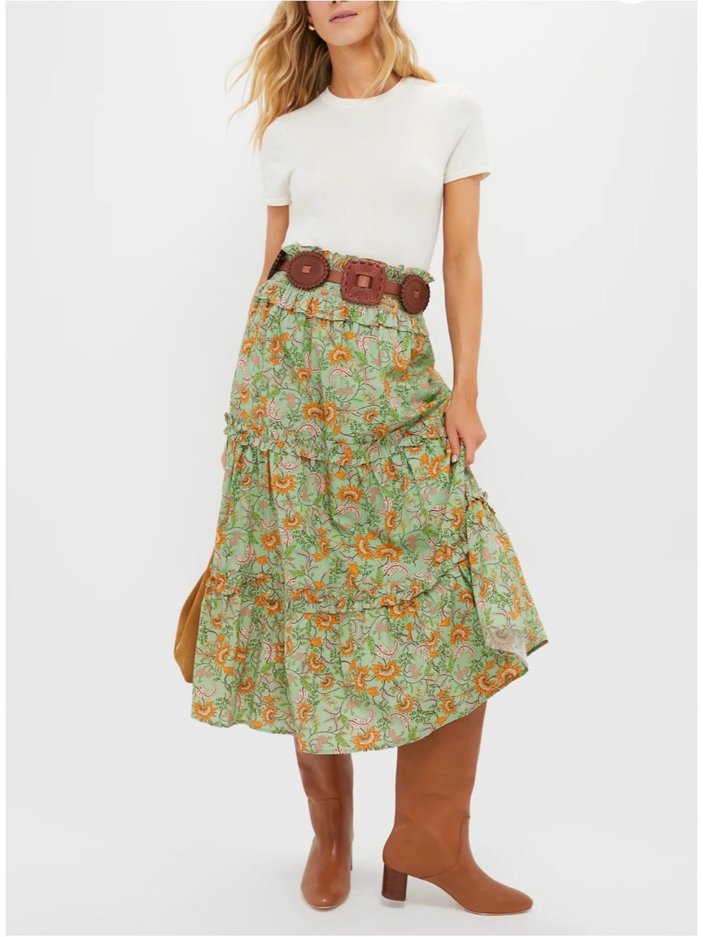 Floral Tiered Midi Skirt in Green